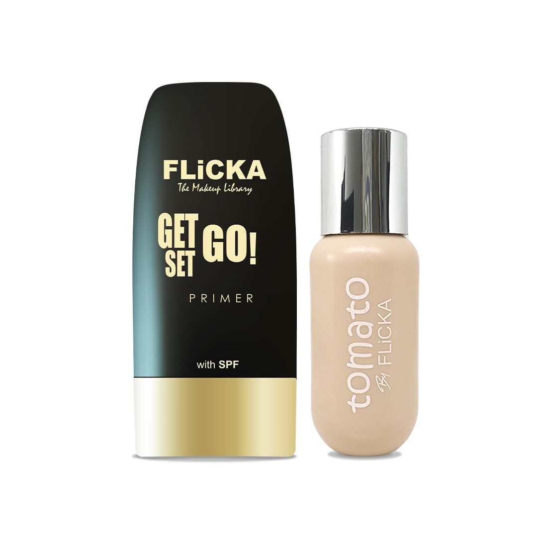 Flicka Primer & Tomato Liquid Foundation For Face Makeup Combo 30ml Each | 03 Caramel