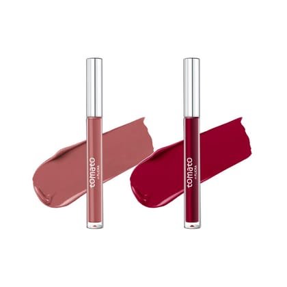 FLiCKA Tomato Liquid Matte Lipstick Transfer Proof, Smudge Proof, Non-Sticky, Creamy Lightweight, Shade 1 & Shade 5 Combo|Light Brown & Maroon