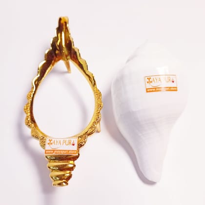 MAYAPURI Natural Puja Shankha/Jal Sankha | White Conch Shells with Sankha Stand