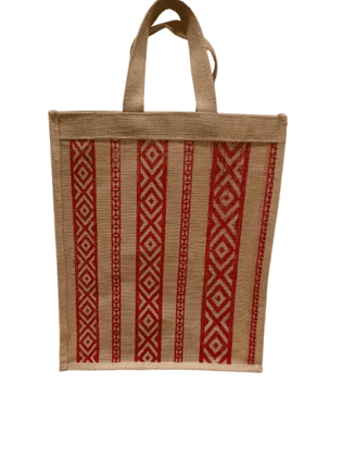 Handwoven Jute Tote Bag with Red Geometric Print Handwoven Jute Tote Bag with Red Geometric Print