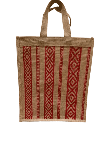 Handwoven Jute Tote Bag with Red Geometric Print