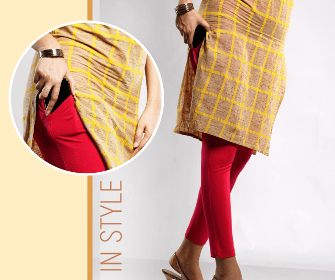  Women's Red Cotton Lycra Leggings with Hidden Phone Pocket