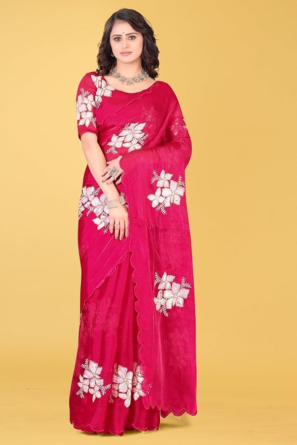 Buy Online Pink Georgette Embroidery Work Saree With Blouse Piece