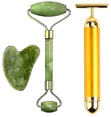 Gold Energy Beauty Bar Electric Vibration Facial Massage V shape Roller Waterproof Face Skin Care T-Shaped Anti Wrinkle Massager for Forehead Cheek Neck Clavicle Arm - Gold Colour and Facial Massager Jade Roller & Gua Sha Tool