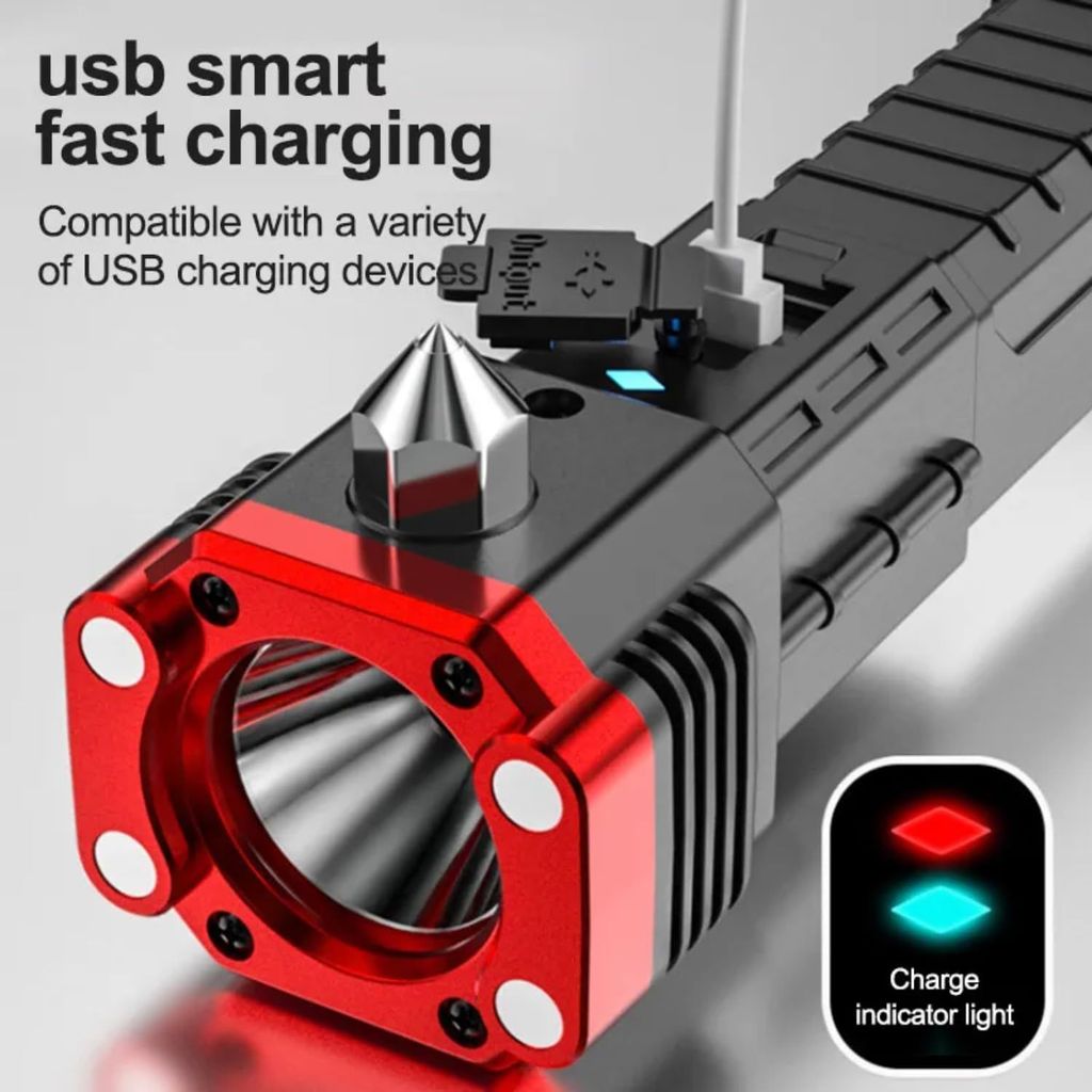 Car Torch Light LED 3W Rechargeable Flashlight Long Distance Car Rescue Emergency Torch Light with Window Glass Breaker Seat Belt Cutter Portable COB Keychain (Torch + COB Light)