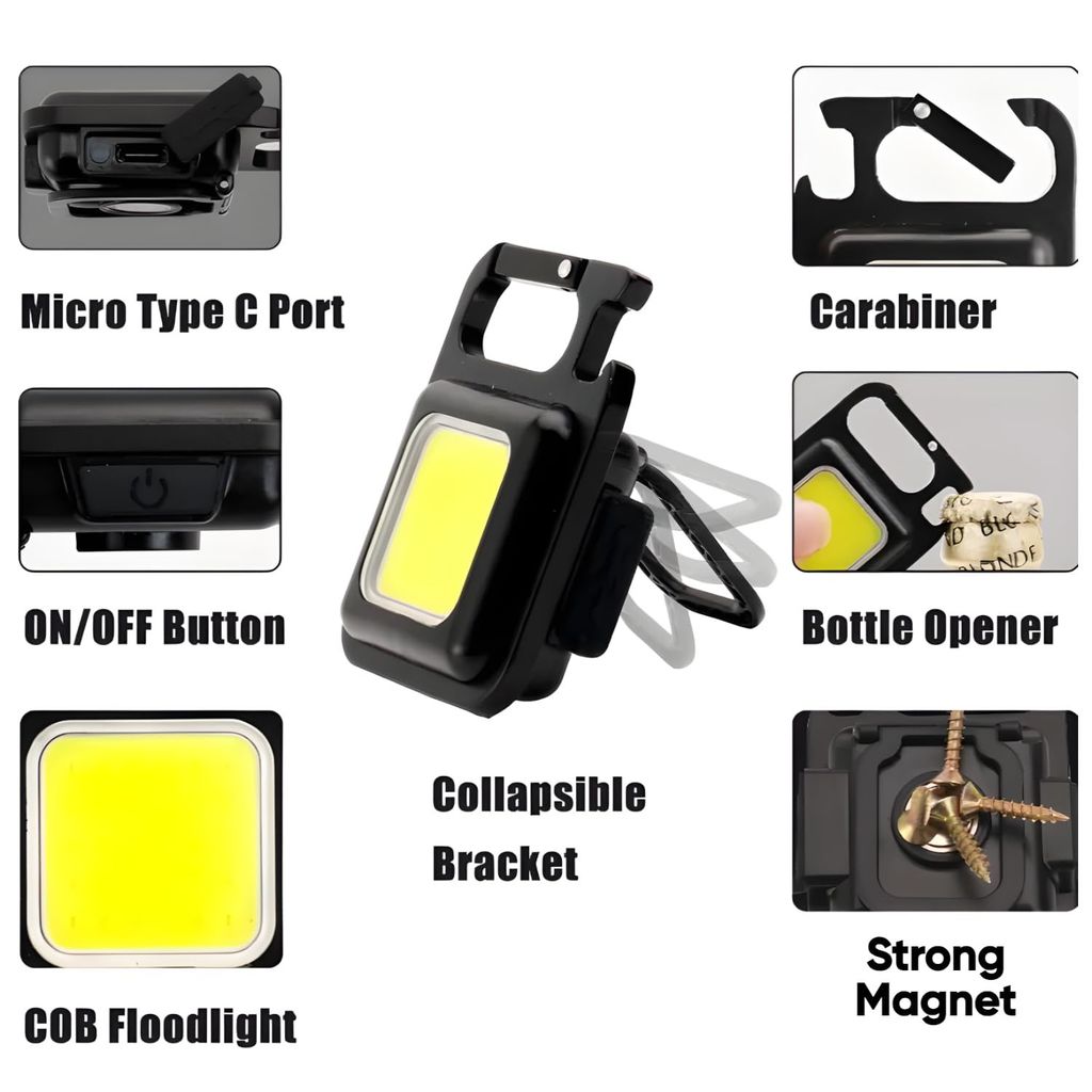 Rechargeable COB Keychain Flash Light Super Bright Mini Emergency LED Torch 800 Lumen Portable Magnetic Base Keyring 3 Lighting Modes USB Charging Flashlight with 2 Small Night Lamps