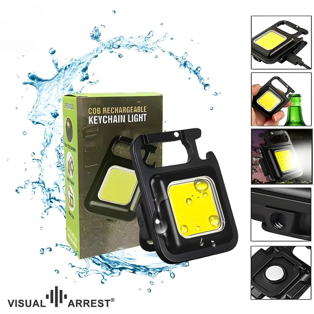 Rechargeable COB Keychain Flash Light Super Bright Mini Emergency LED Torch 800 Lumen Portable Magnetic Base Keyring 3 Lighting Modes USB Charging Flashlight with 2 Small Night Lamps