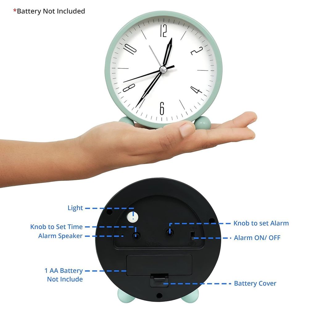 BLUE CLOCK Round Silent Analog Desk Alarm Clock Non Ticking with Snooze Super Silent Alarm Clock