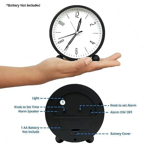 BLACK CLOCK Round Silent Analog Desk Alarm Clock Non Ticking with Snooze Super Silent Alarm Clock