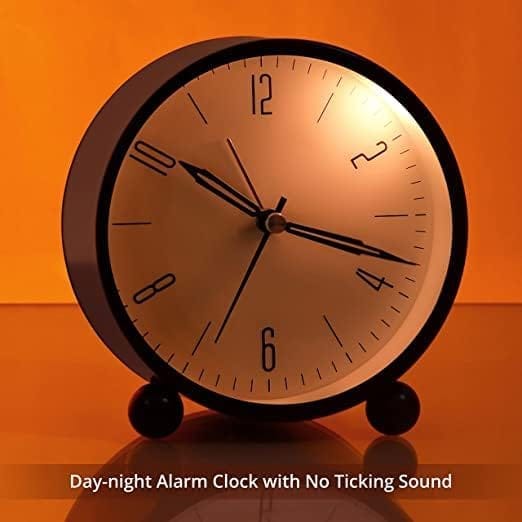 BLACK CLOCK Round Silent Analog Desk Alarm Clock Non Ticking with Snooze Super Silent Alarm Clock