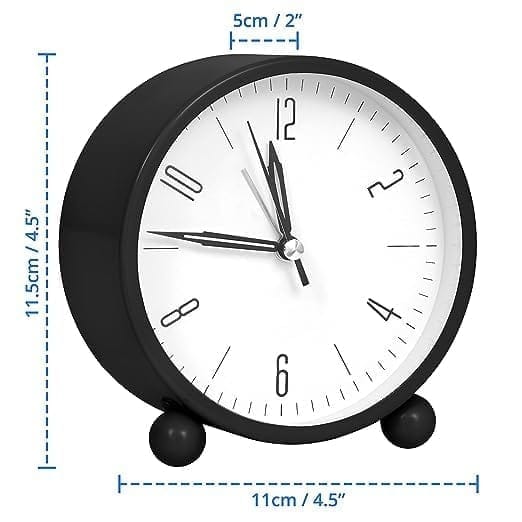 BLACK CLOCK Round Silent Analog Desk Alarm Clock Non Ticking with Snooze Super Silent Alarm Clock