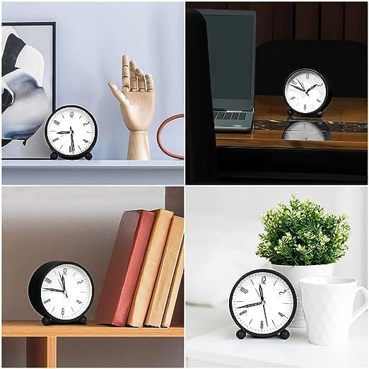 BLACK CLOCK Round Silent Analog Desk Alarm Clock Non Ticking with Snooze Super Silent Alarm Clock