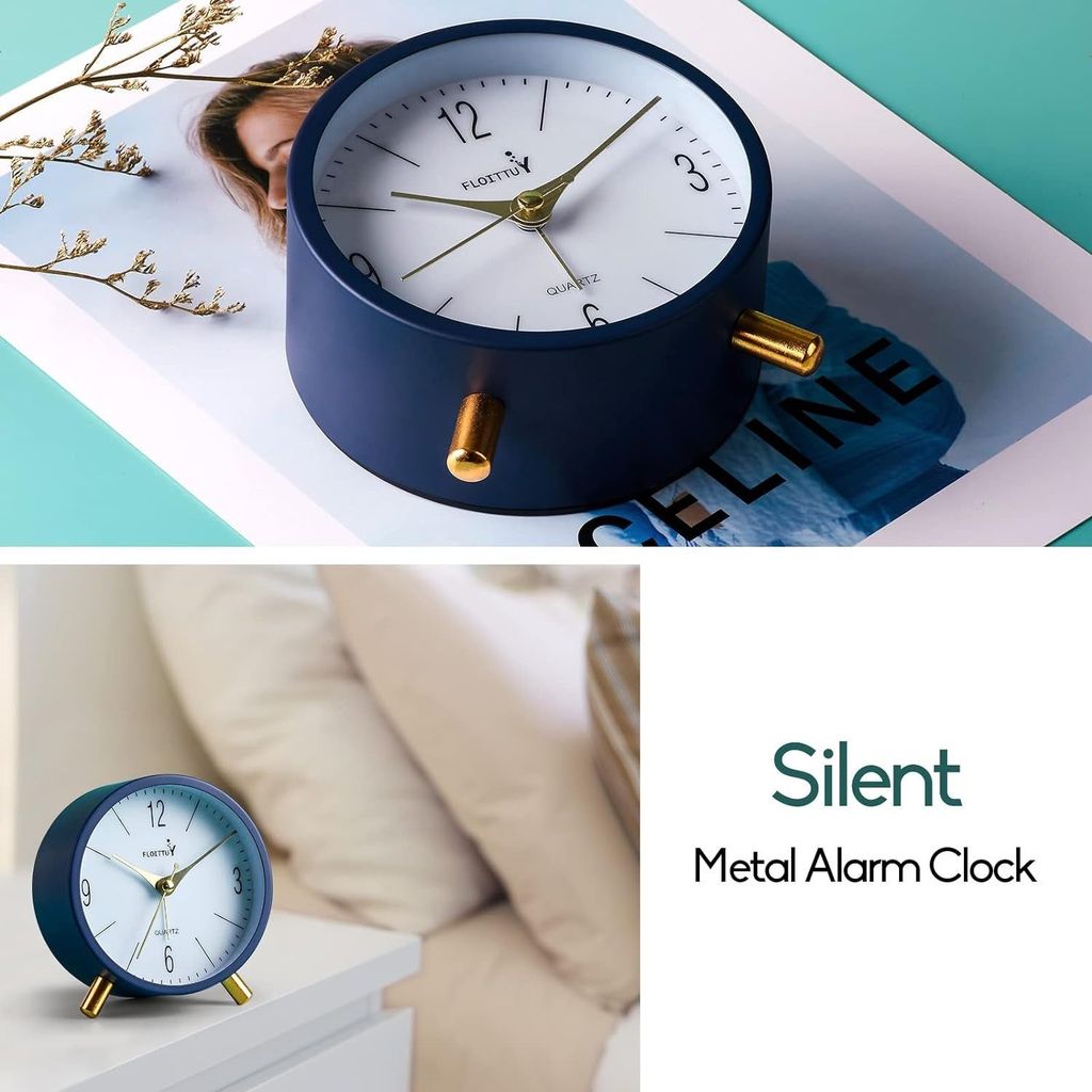 SILENT ANALOG DESK CLOCK MATT BLUE Round Silent Analog Desk Alarm Clock Non Ticking with Snooze Super Silent Alarm Clock