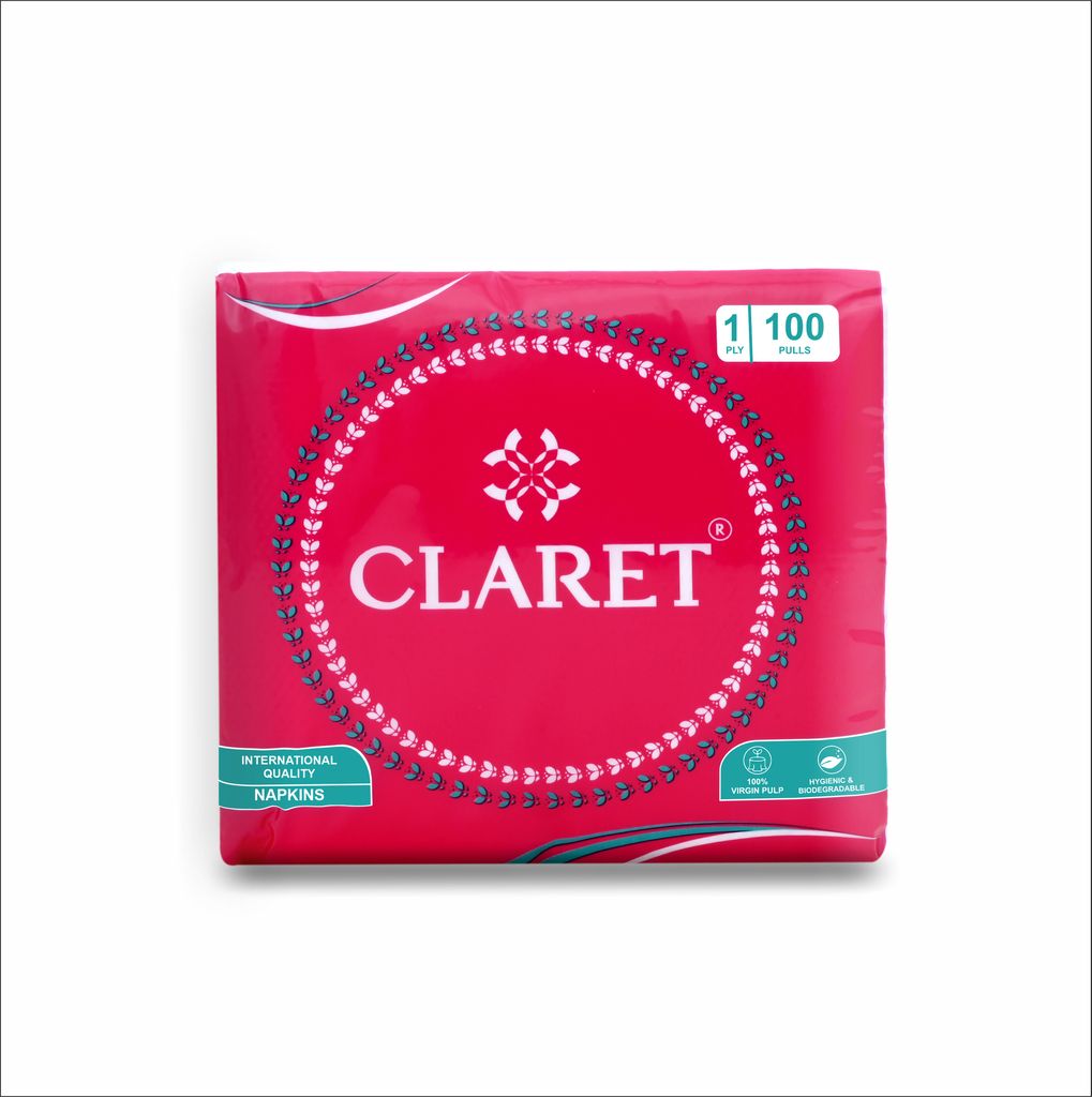 Claret Soft 1-Ply White Napkins, 100 Sheets/Pack, 8 Packs – Absorbent, Disposable Tissue for Dining, Parties, Kitchen & Everyday Use, Hygienic