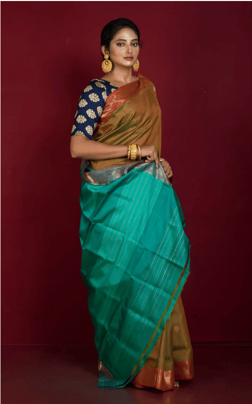 Mustard Yellow And Sea Green Pure Handloom Tussar Silk Saree With Blouse Piece