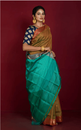 Mustard Yellow And Sea Green Pure Handloom Tussar Silk Saree With Blouse Piece