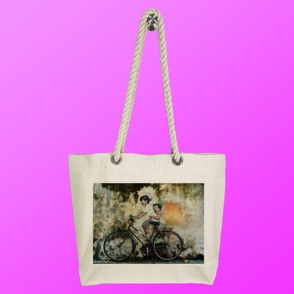 Eco-Friendly Recycled Cotton Canvas Tote Bag - Cyclist Painting Design-100 - EL8220346