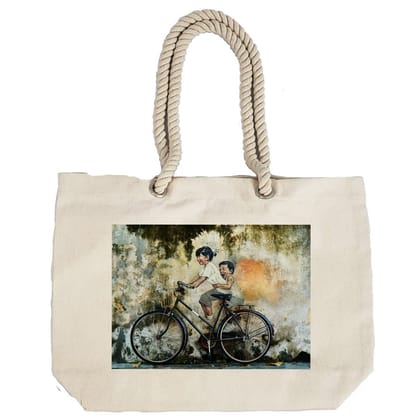 Eco-Friendly Recycled Cotton Canvas Tote Bag - Cyclist Painting Design-100 - EL8220346