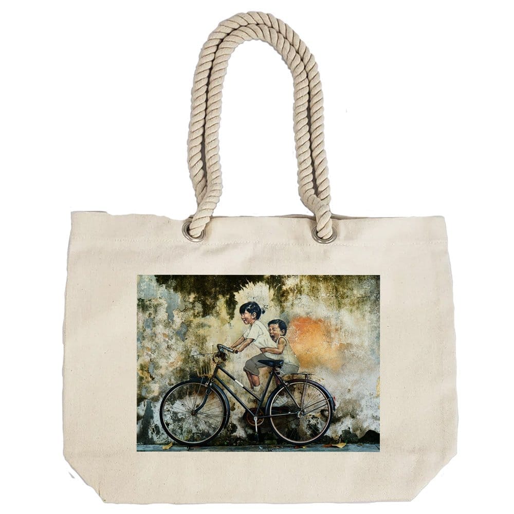 Eco-Friendly Recycled Cotton Canvas Tote Bag - Cyclist Painting Design-100 - EL8220346