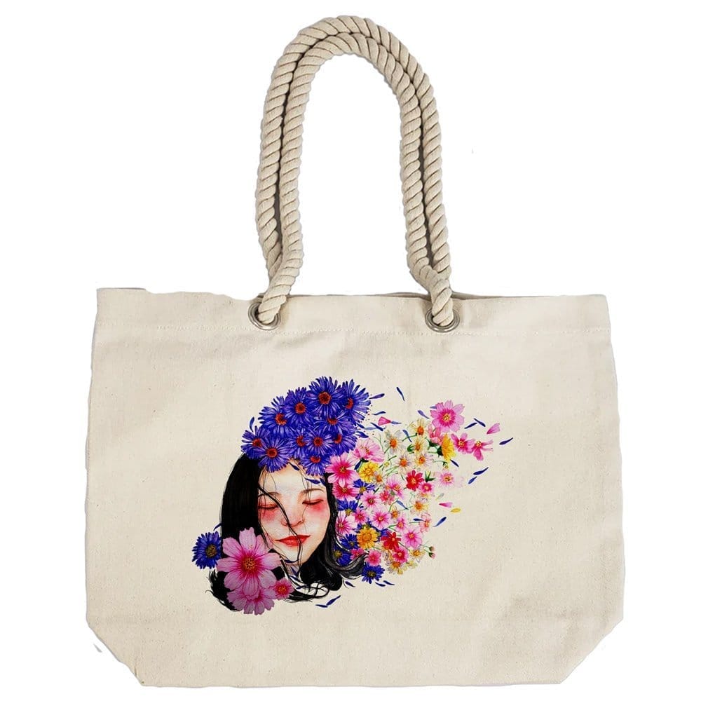 Eco-Friendly Recycled Cotton Canvas Tote Bag - Flower Woman Design-101 - EL8220347