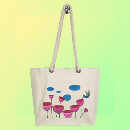 EqualLife - Hand Painted Canvas Tote Bag - Hummingbird and Flowers - EL8210117