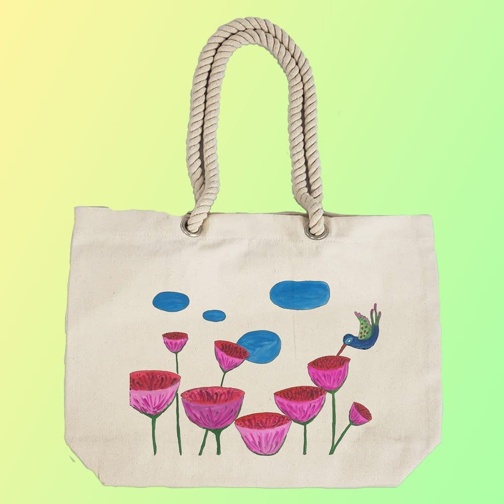EqualLife - Hand Painted Canvas Tote Bag - Hummingbird and Flowers - EL8210117