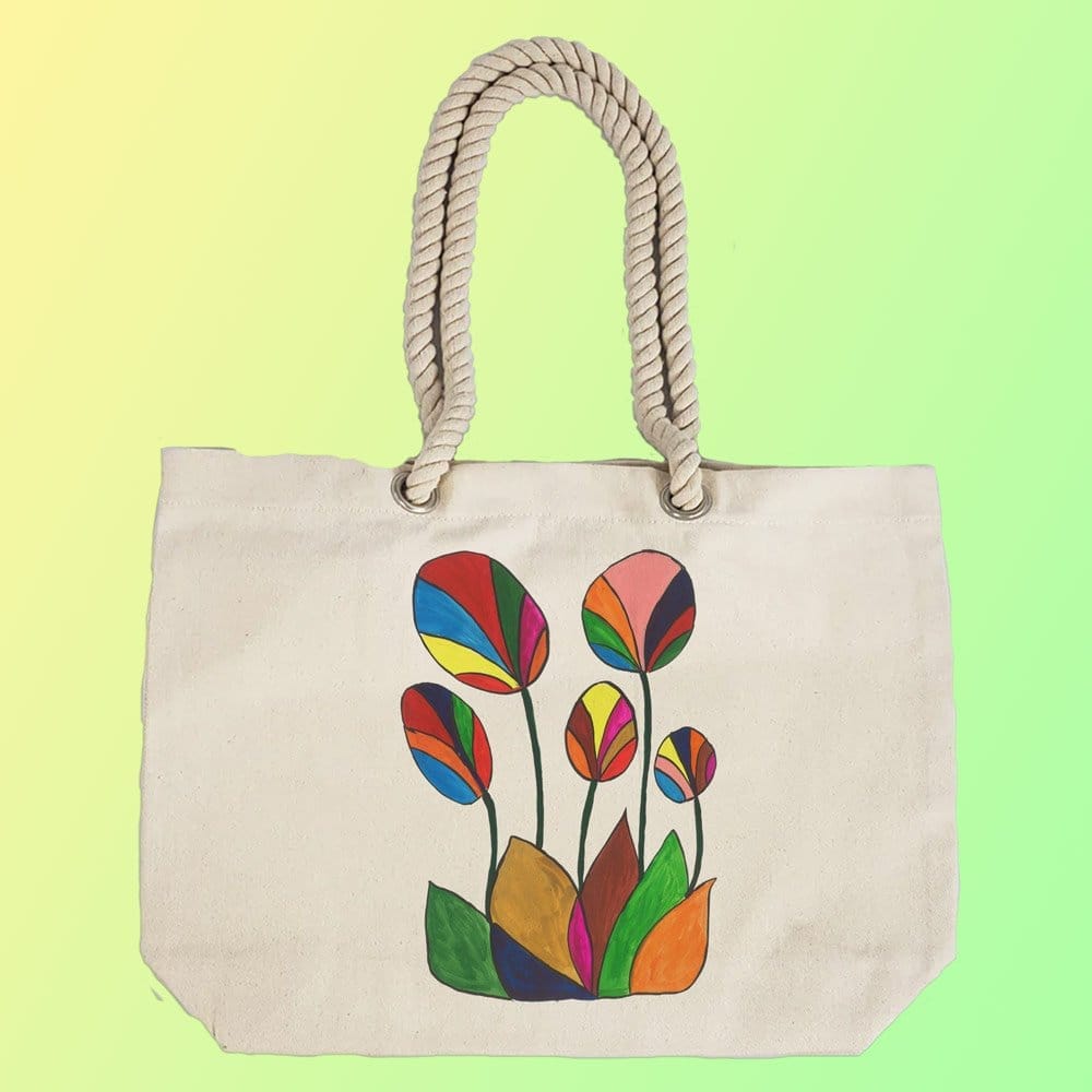 EqualLife - Hand Painted Canvas Tote Bag - Abstract Multi Color Flowers - EL8210114