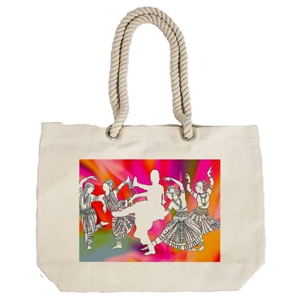 Eco-Friendly Recycled Cotton Canvas Tote Bag - Indian Dancers Design-110 - EL8220356
