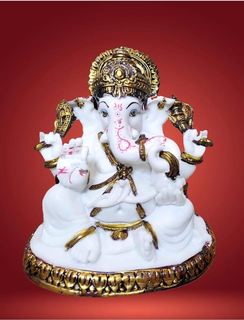  White Marble Sitting Ganesha Statue for Home Decor and Temple
