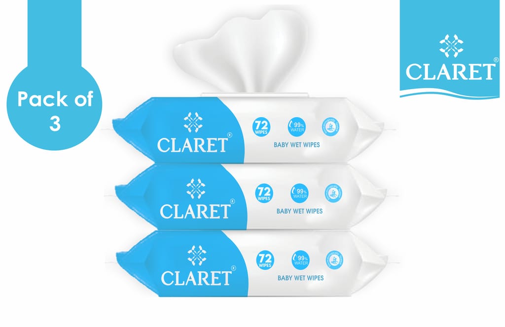 Baby Wet Wipes with 99% Purified Water & Aloe Vera, Soap-Free, Pack of 3 (72 Wipes), Dermatologically Tested, Safe for Sensitive Skin