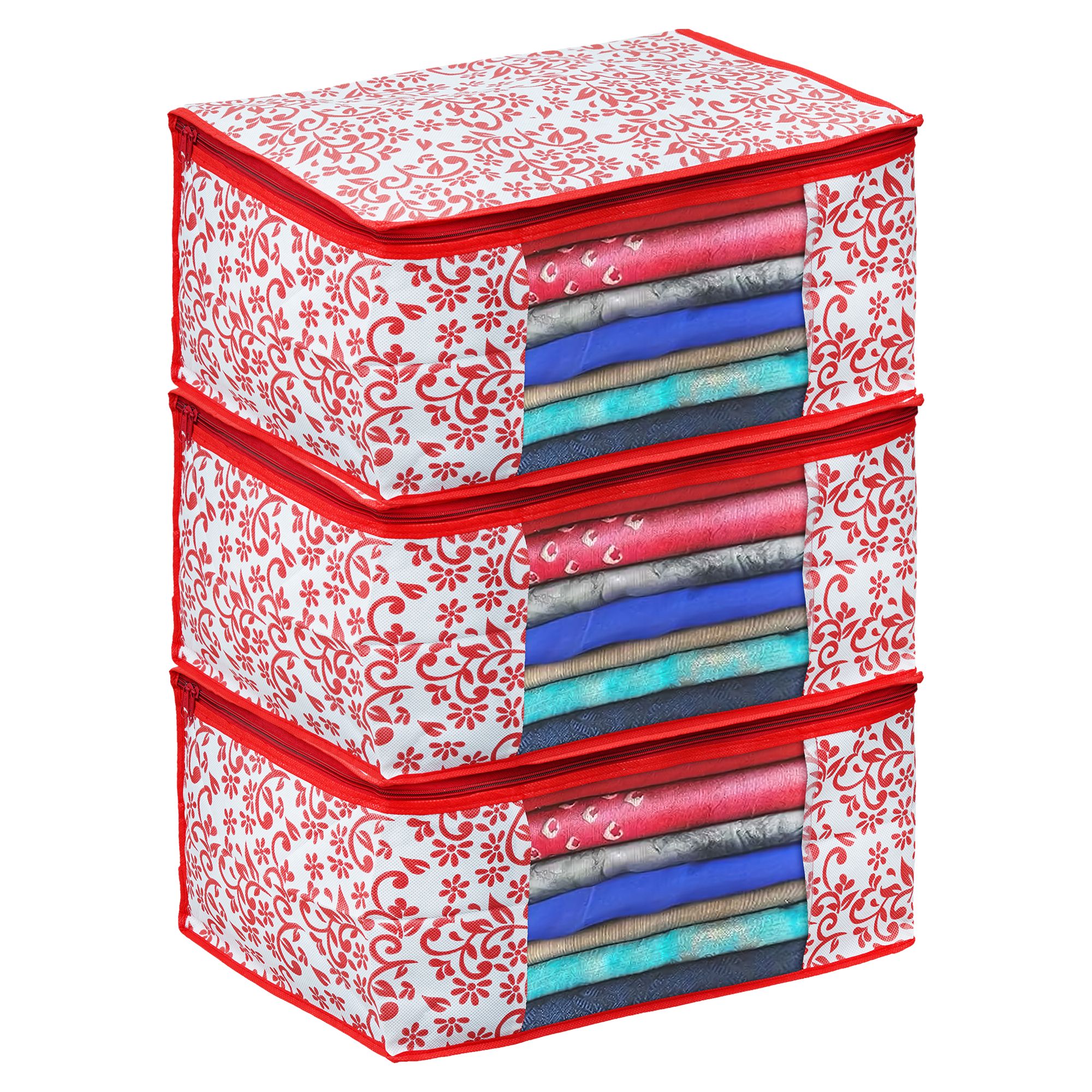 Pack of 3 Floral Print Foldable Wardrobe Storage Organizer Cloth Cover with Transparent Window