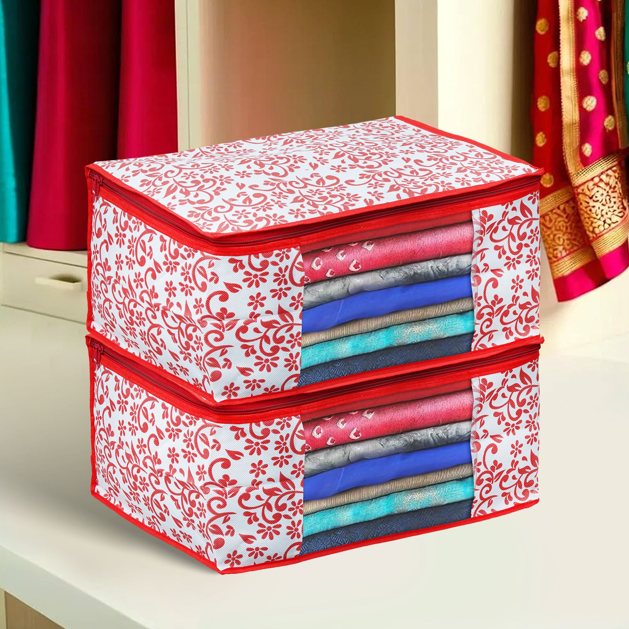 Pack of 2 Floral Print Foldable Wardrobe Storage Organizer Cloth Cover with Transparent Window