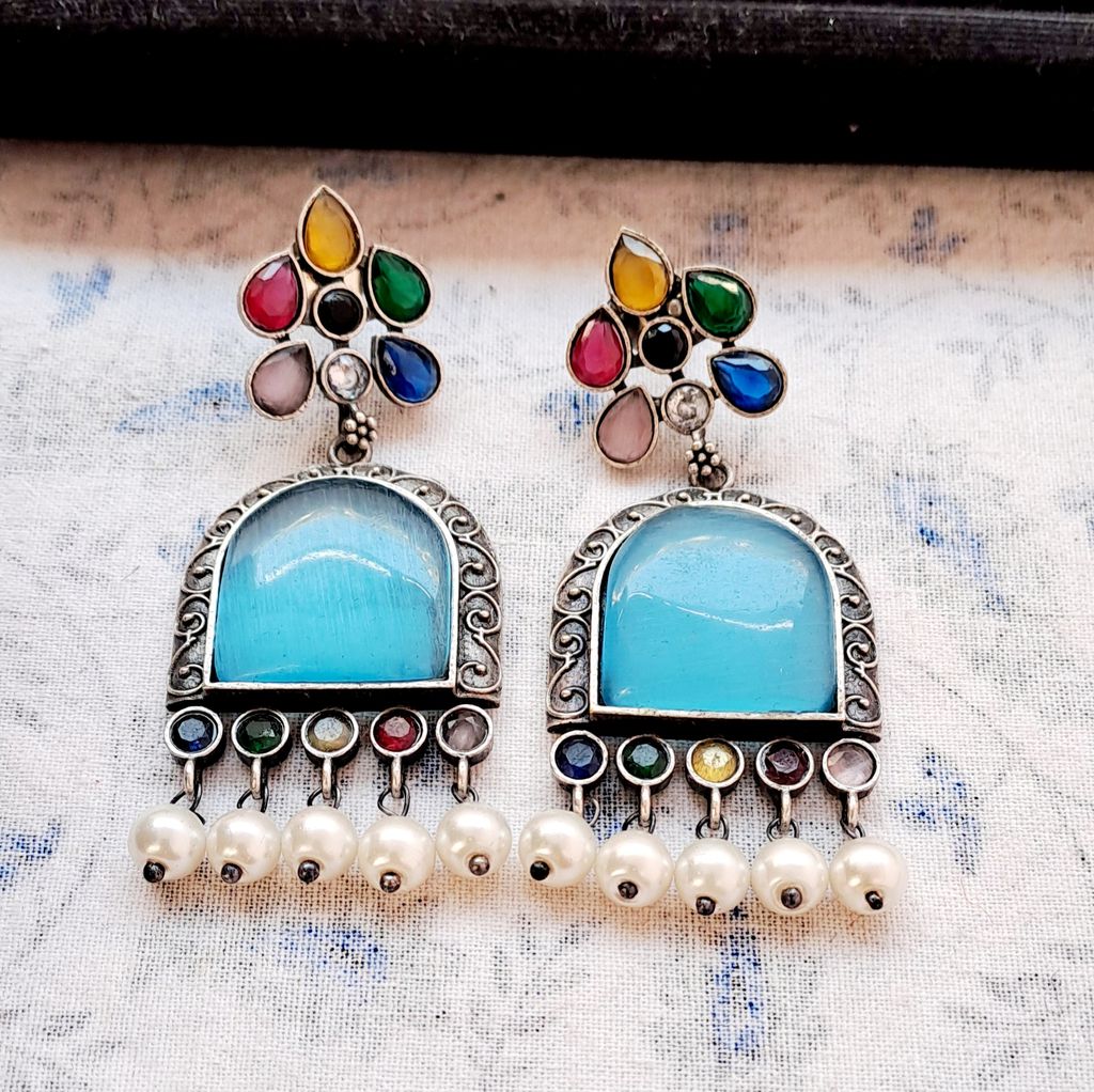Blue Stone Jhumka Earrings with Pearls for Women
