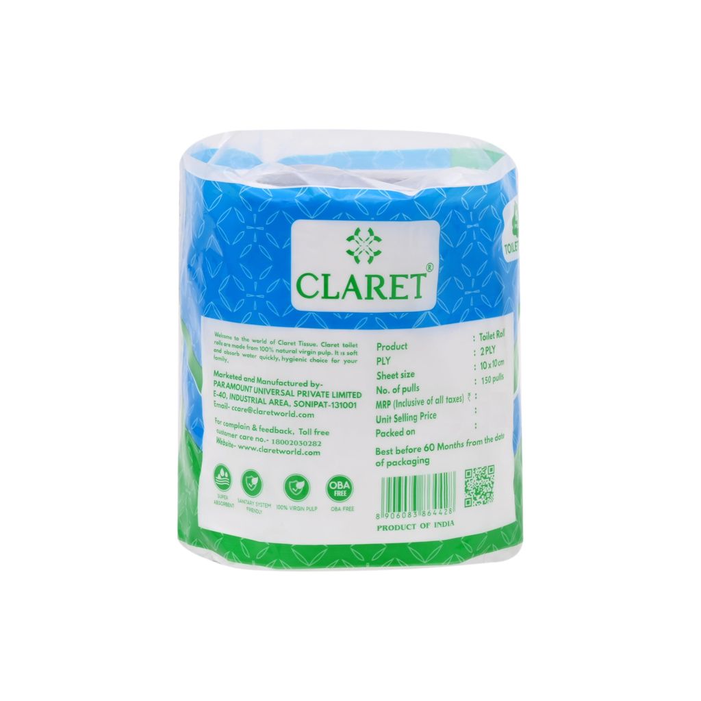 Claret Soft & Absorbent 2-Ply Toilet Tissue Rolls - 150 Pulls/Roll, Pack of 4, Perfect for Everyday Use, Gentle on Skin and Highly Durable