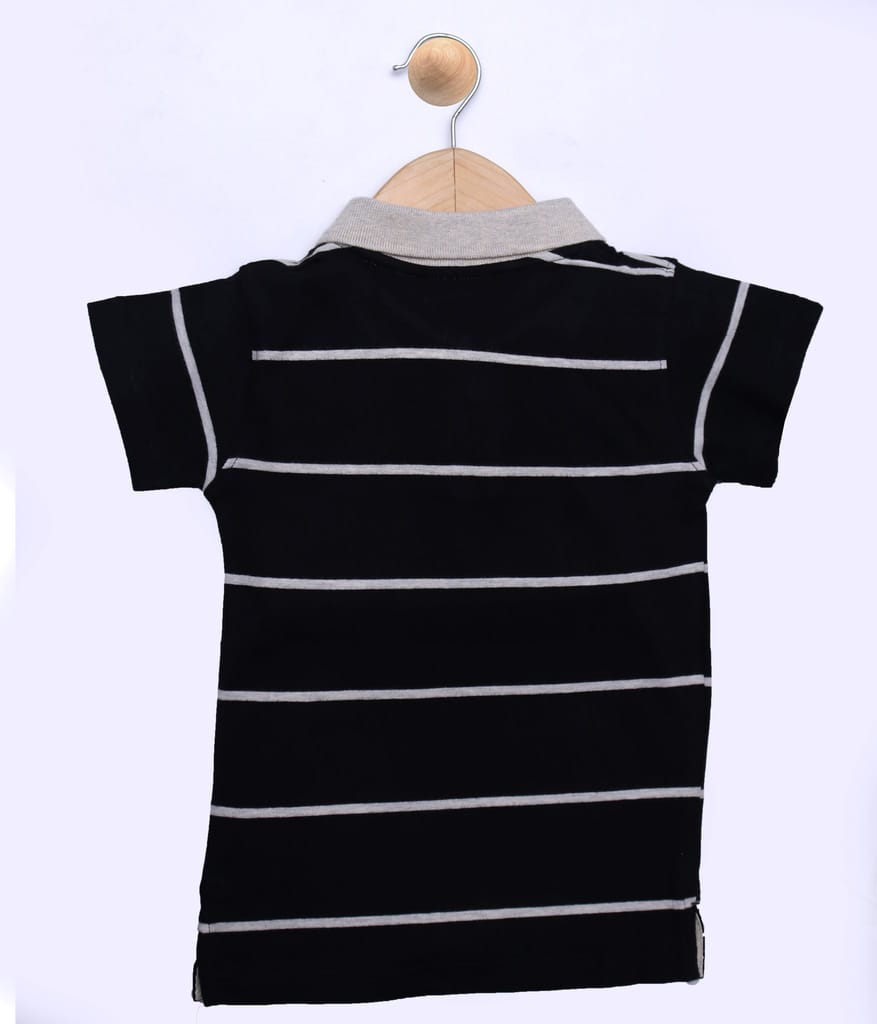 Boys Black Striped Polo T-Shirt