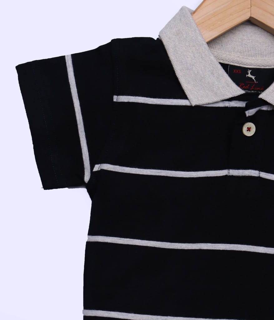 Boys Black Striped Polo T-Shirt