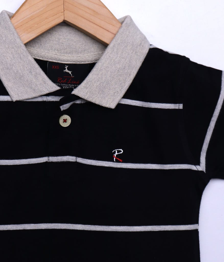 Boys Black Striped Polo T-Shirt