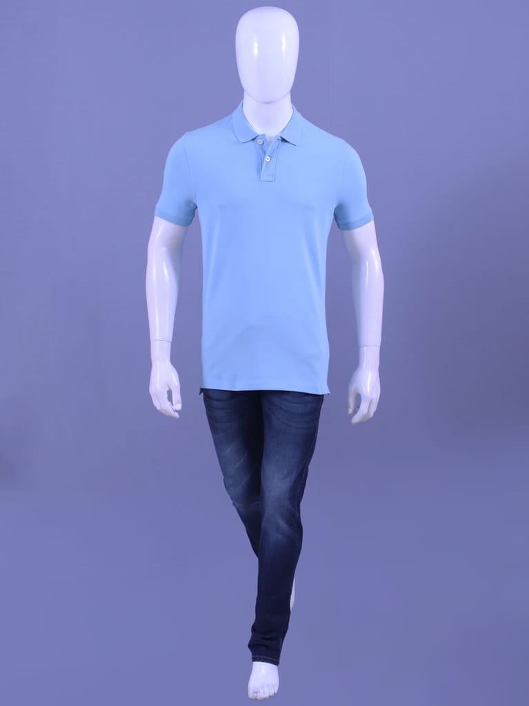 Men's Sky Blue Enzyme Finish Solid Polo T-Shirt