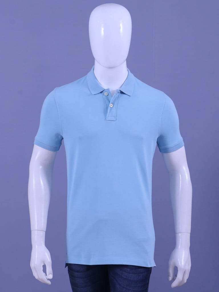 Men's Sky Blue Enzyme Finish Solid Polo T-Shirt