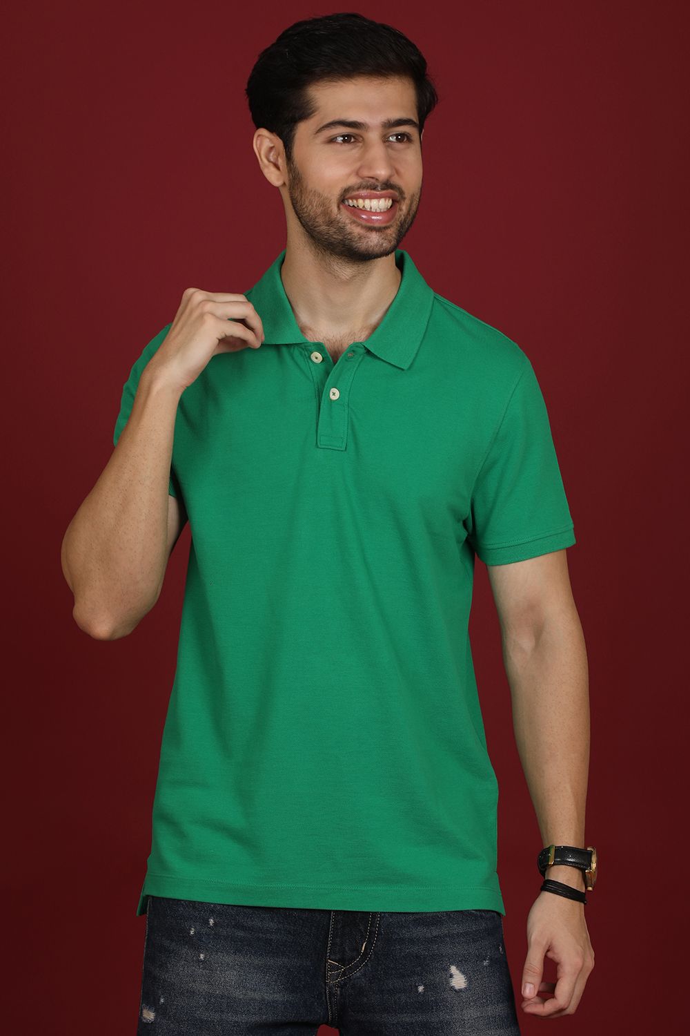Men's Green Enzyme Finish Solid Polo T-Shirt