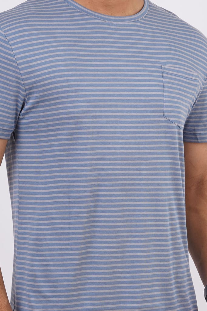 Men's Light Blue Striped Crew Neck T-Shirt