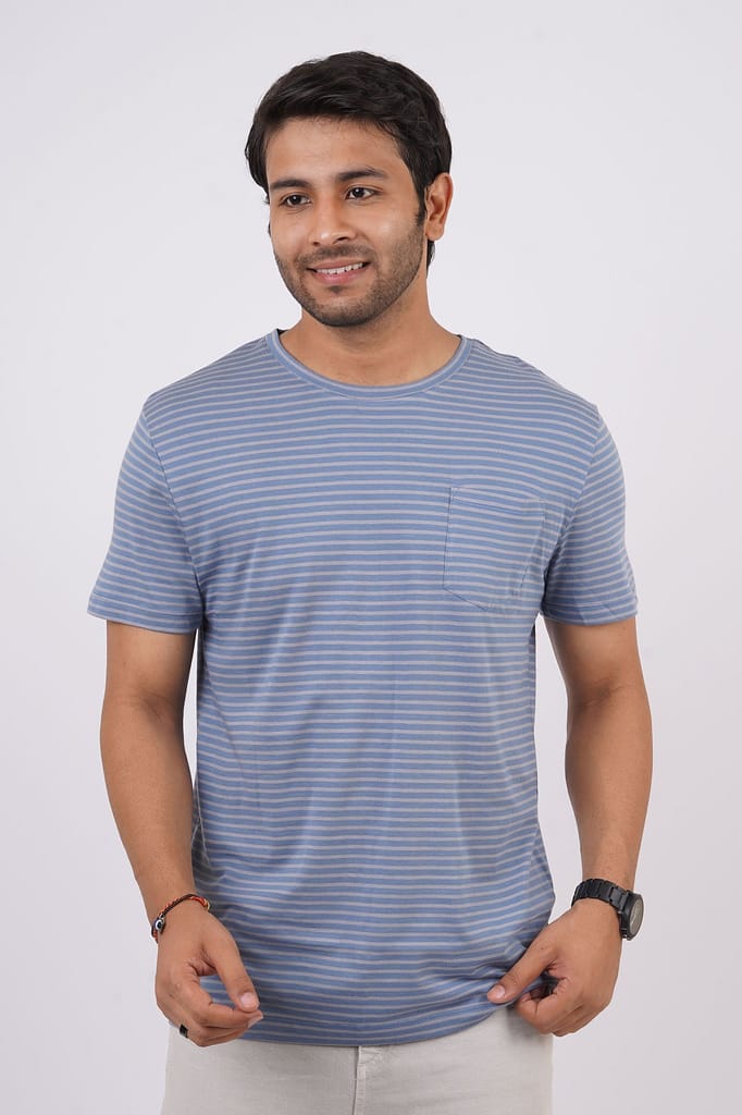 Men's Light Blue Striped Crew Neck T-Shirt
