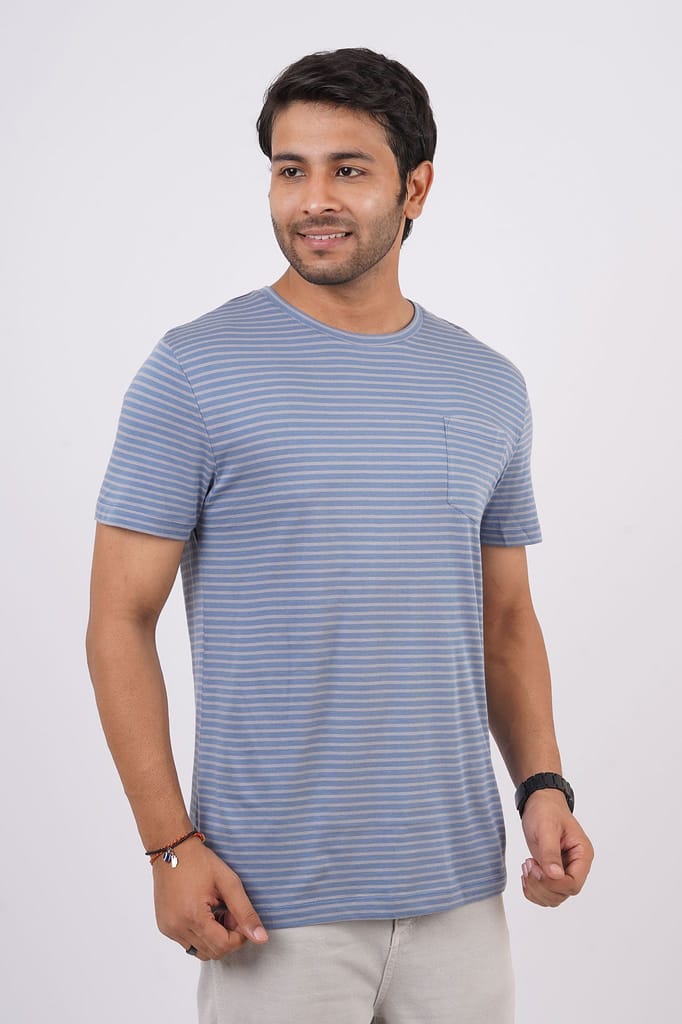 Men's Light Blue Striped Crew Neck T-Shirt