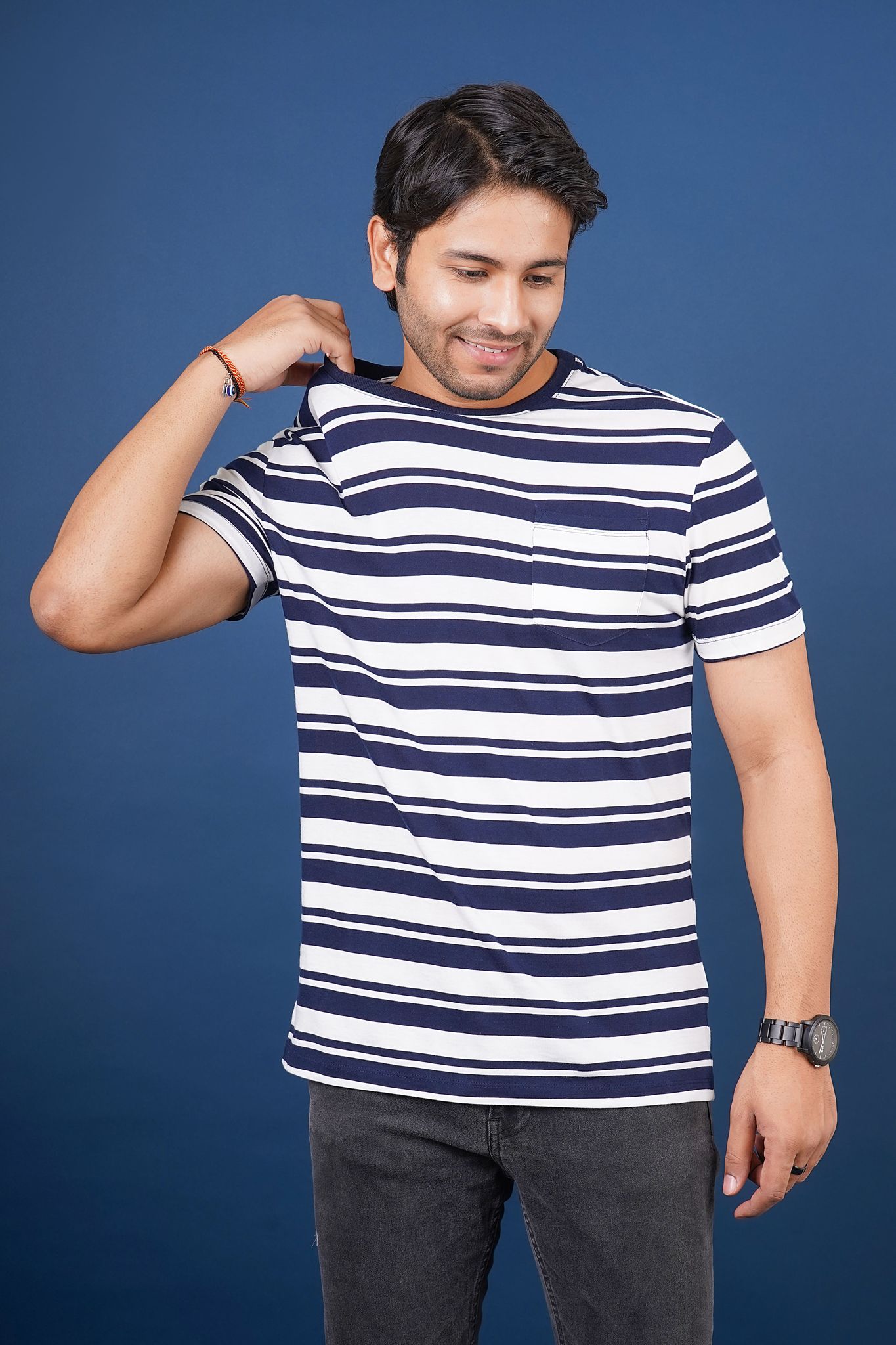 Men's Navy Striped Crew Neck T-Shirt
