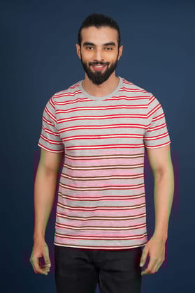 Men's Grey Melange Striped Crew Neck T-Shirt