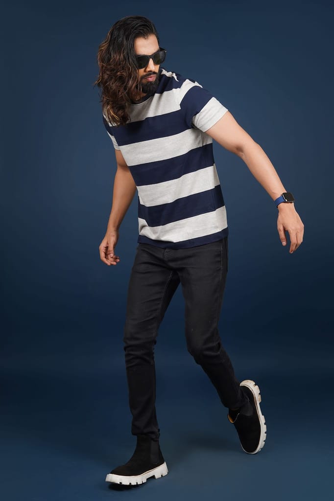 Men's Lt.Grey Striped Crew Neck T-Shirt