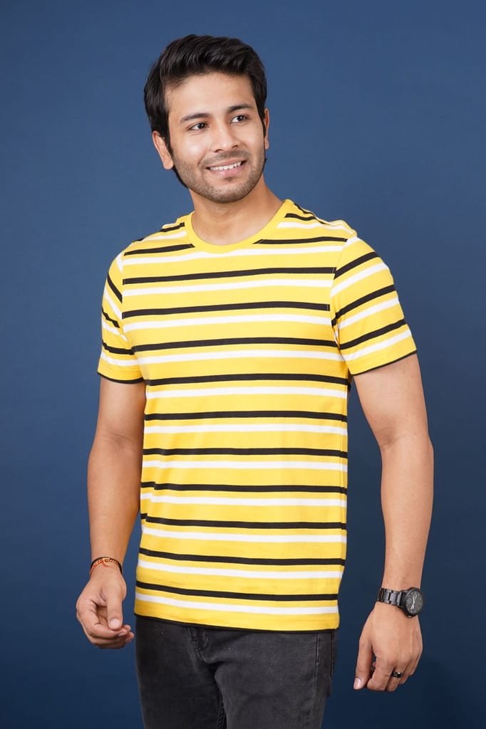 Men's Yellow Striped Crew Neck T-Shirt
