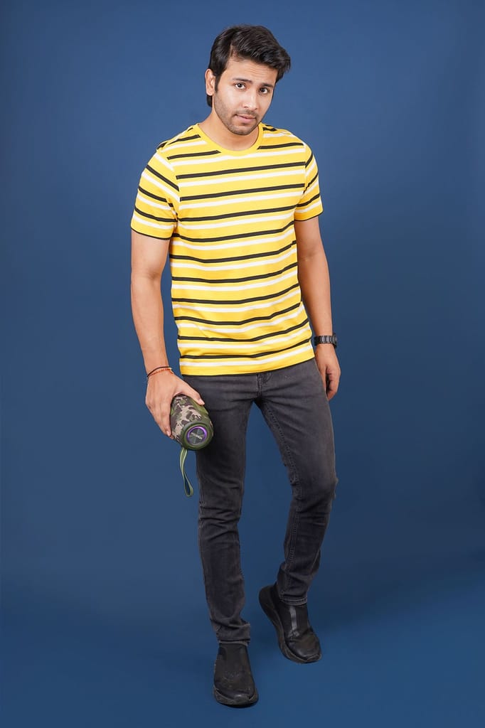 Men's Yellow Striped Crew Neck T-Shirt