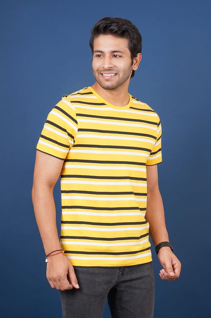 Men's Yellow Striped Crew Neck T-Shirt