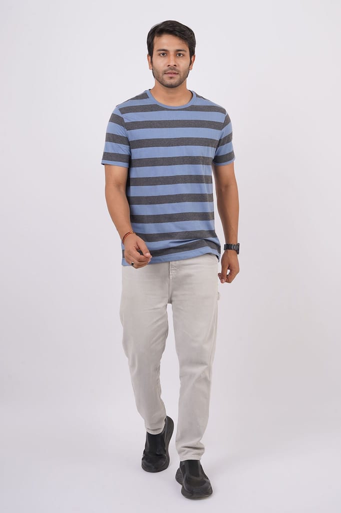 Men's Blue Striped Crew Neck T-Shirt